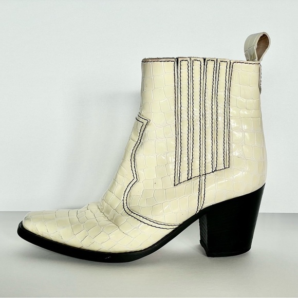 Ganni Callie Western Boots Ivory Cream White Croc Patent Leather Size 38 $475 - Picture 7 of 15